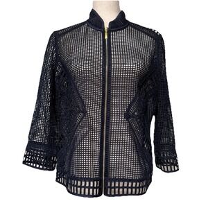 Chico's Travelers Laser Cut Jacket Womens 1 Medium Navy Blue Coastal Chic Travel